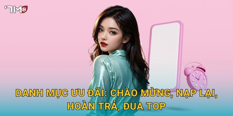 Danh mục ưu đãi: chào mừng, nạp lại, hoàn trả, đua top